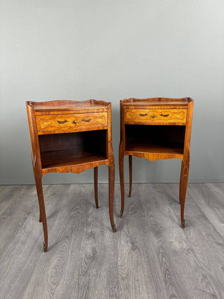 Pair of marquetry bedside tables, 20th century