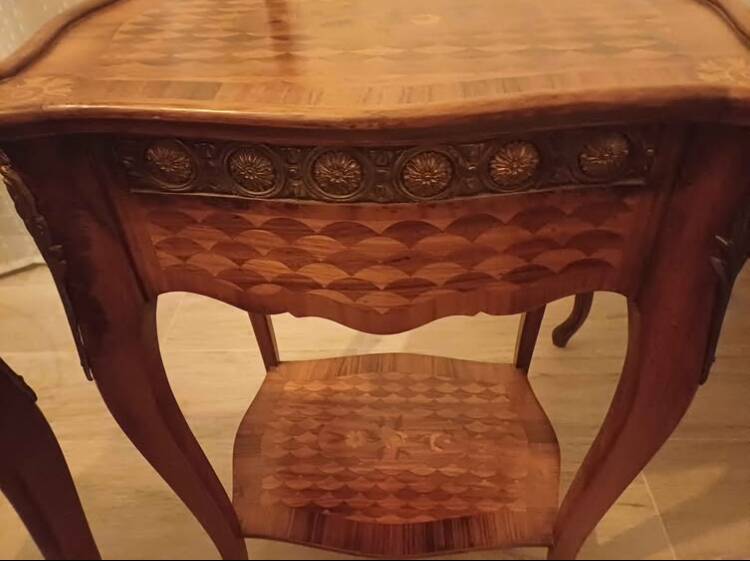 Pair of Louis XV style bedside tables with marquetry and bronze.