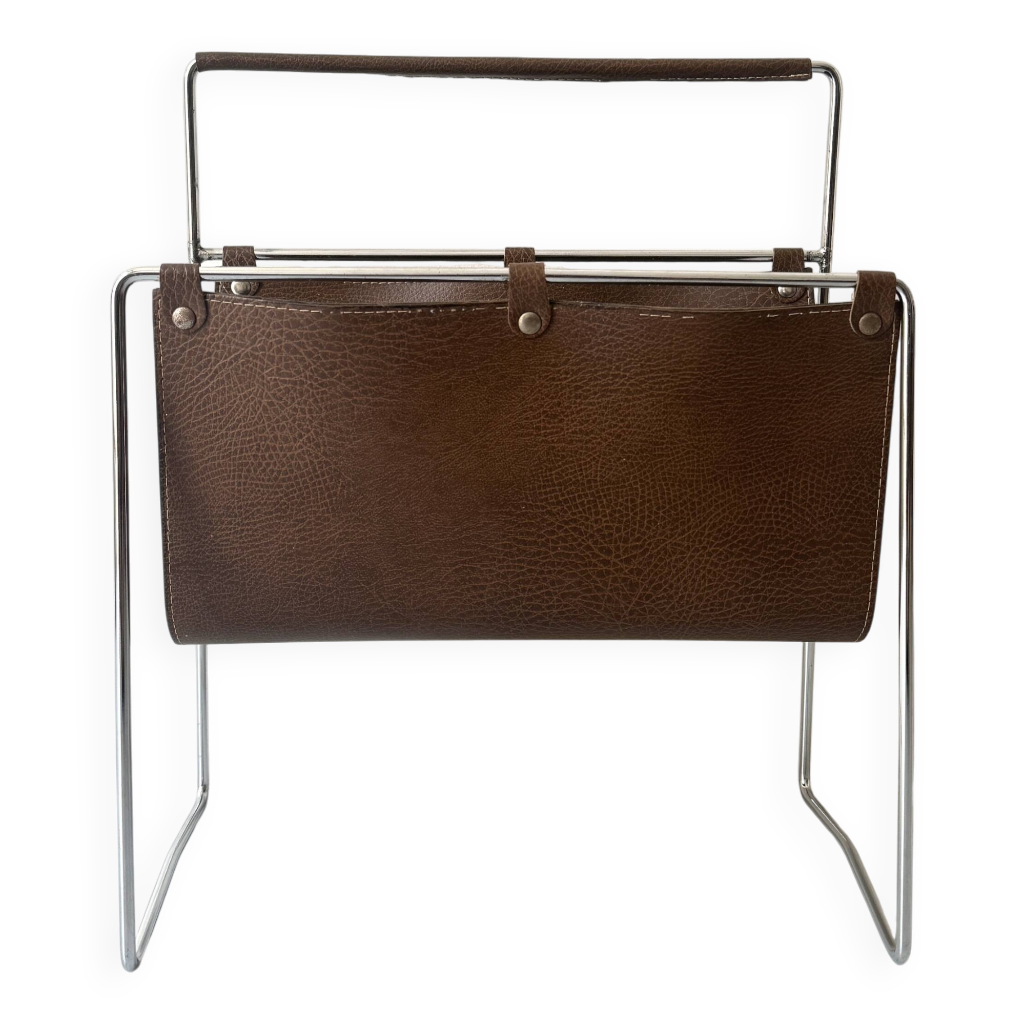 Modernist magazine rack in brown leather & chrome wire metal – 1970 design