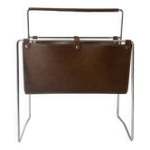 Modernist magazine rack in brown leather & chrome wire metal – 1970 design