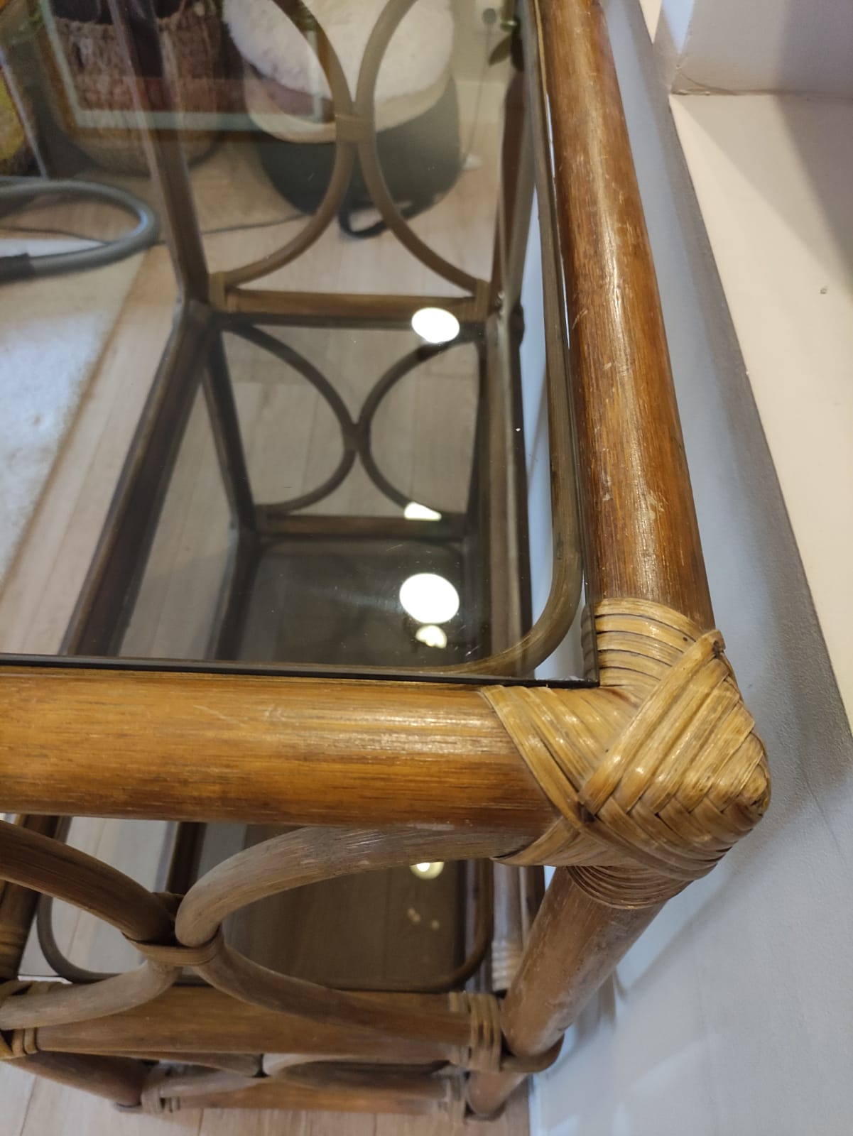 Rattan bookcase shelf and vintage smoked glass