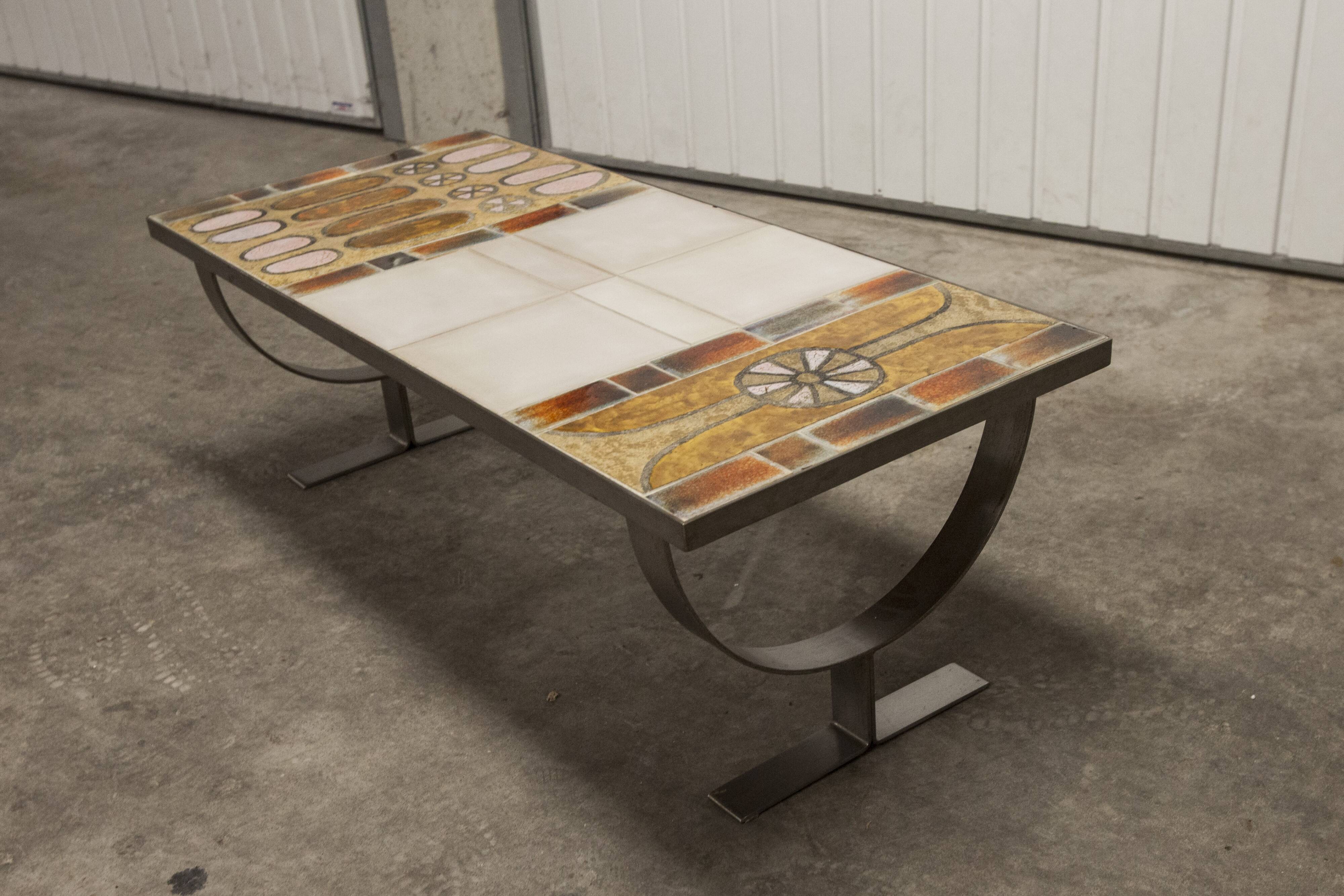 Ceramic coffee table and brushed steel Roche Bobois design Gregorieff 70s, 108x47cm
