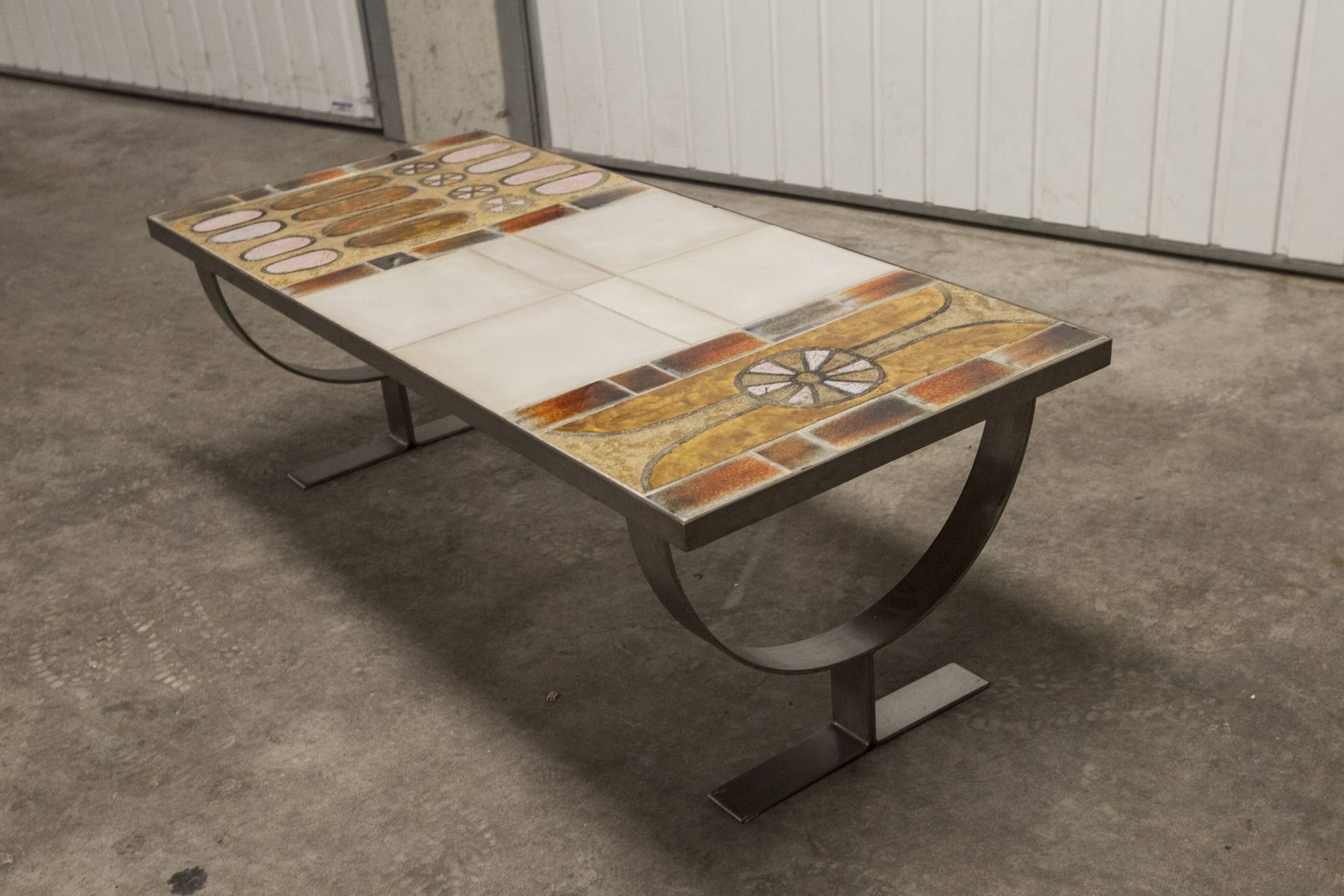 Ceramic coffee table and brushed steel Roche Bobois design Gregorieff 70s, 108x47cm