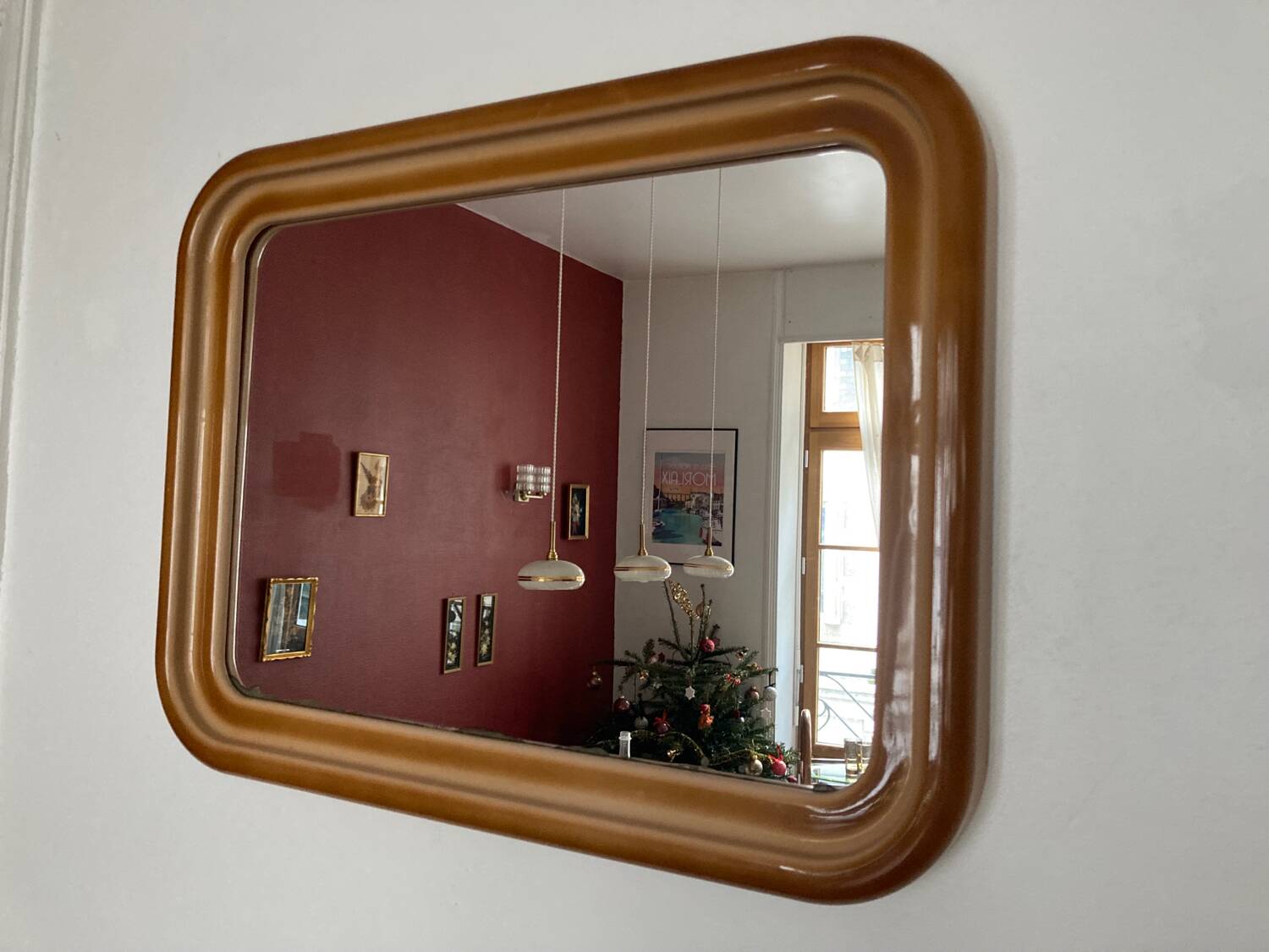 Miroir vintage années 70 rectangulaire camel/rose poudre