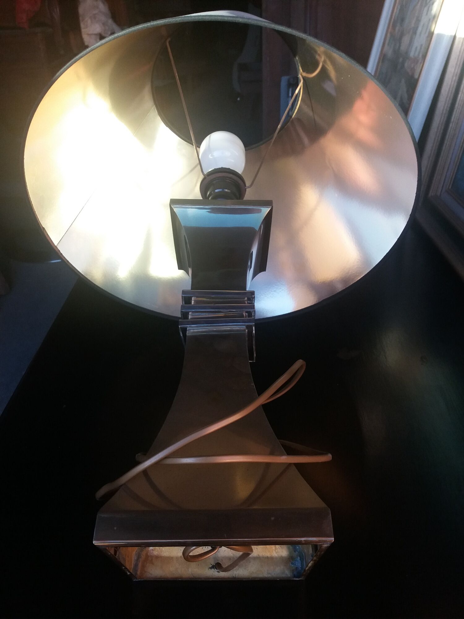 Lamp in bronze and chrome around 1970 with its Lampshade of origin