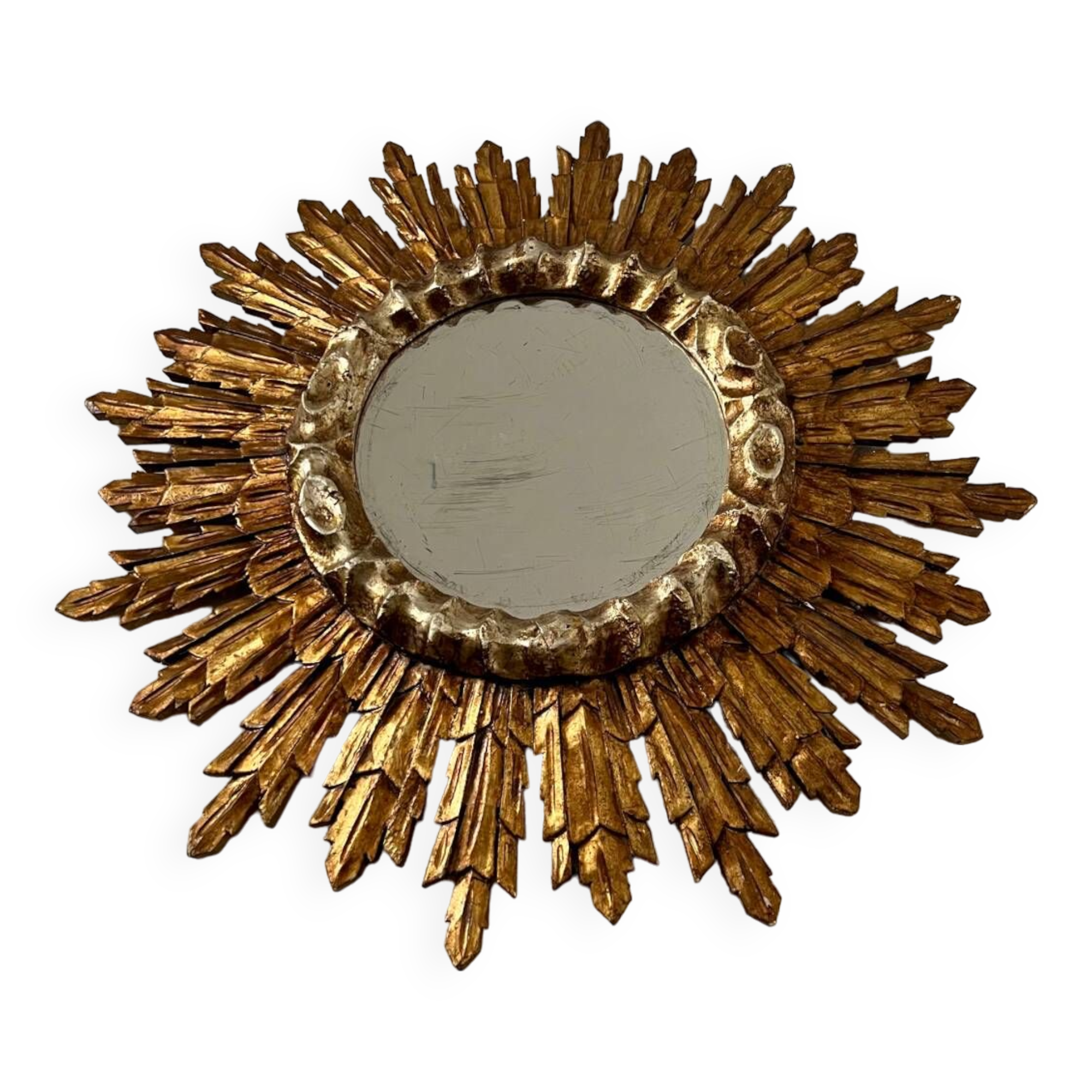 Old golden wooden sun mirror large size vintage 50s design