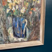 Original Swedish Oil on Panel – “Flowers in Blue Vase” by Sven Age – Signed – Vintage & Framed – 73 × 63 cm (28.7" × 24.8")