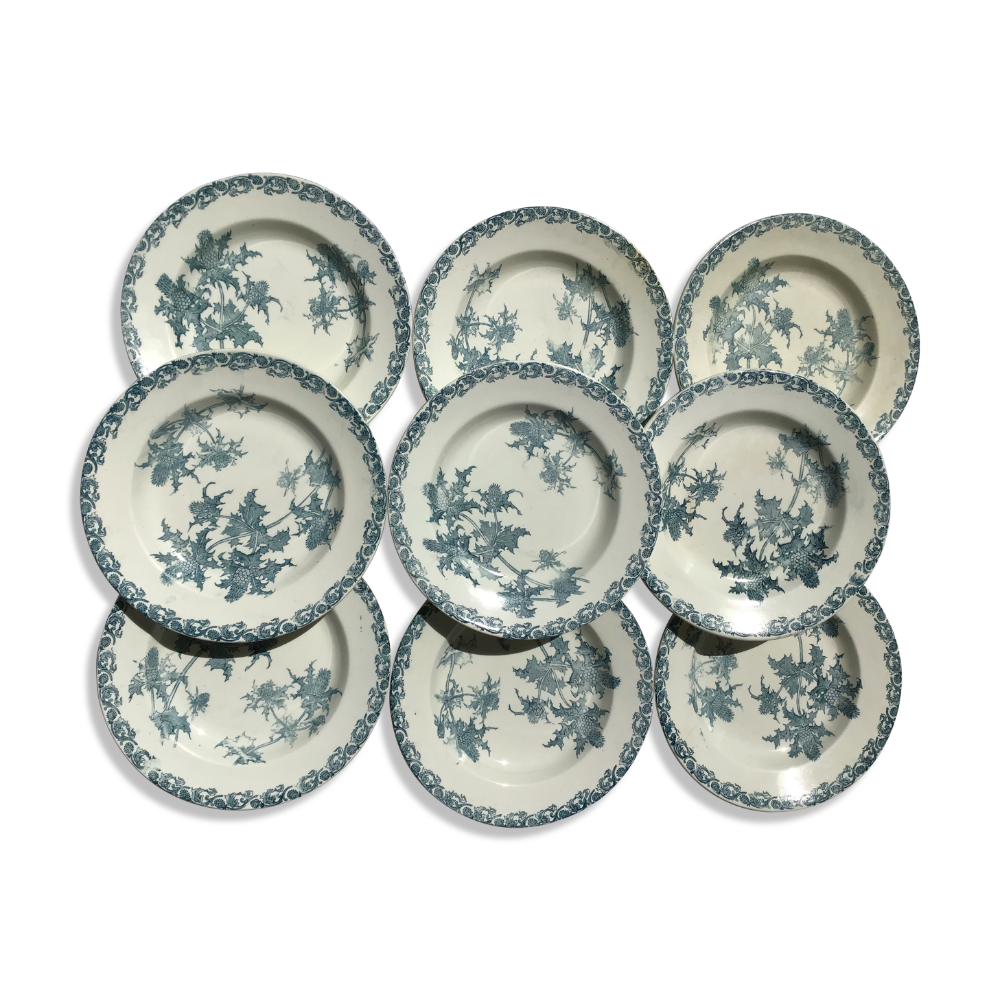 9 assiettes creuses Terre de Fer chardons L.G Righi bleu encre