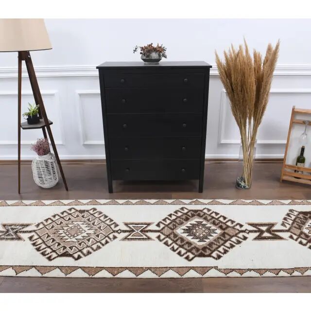 Vintage Turkish Oushak Handmade Wool Cotton White Runner Rug 84x346