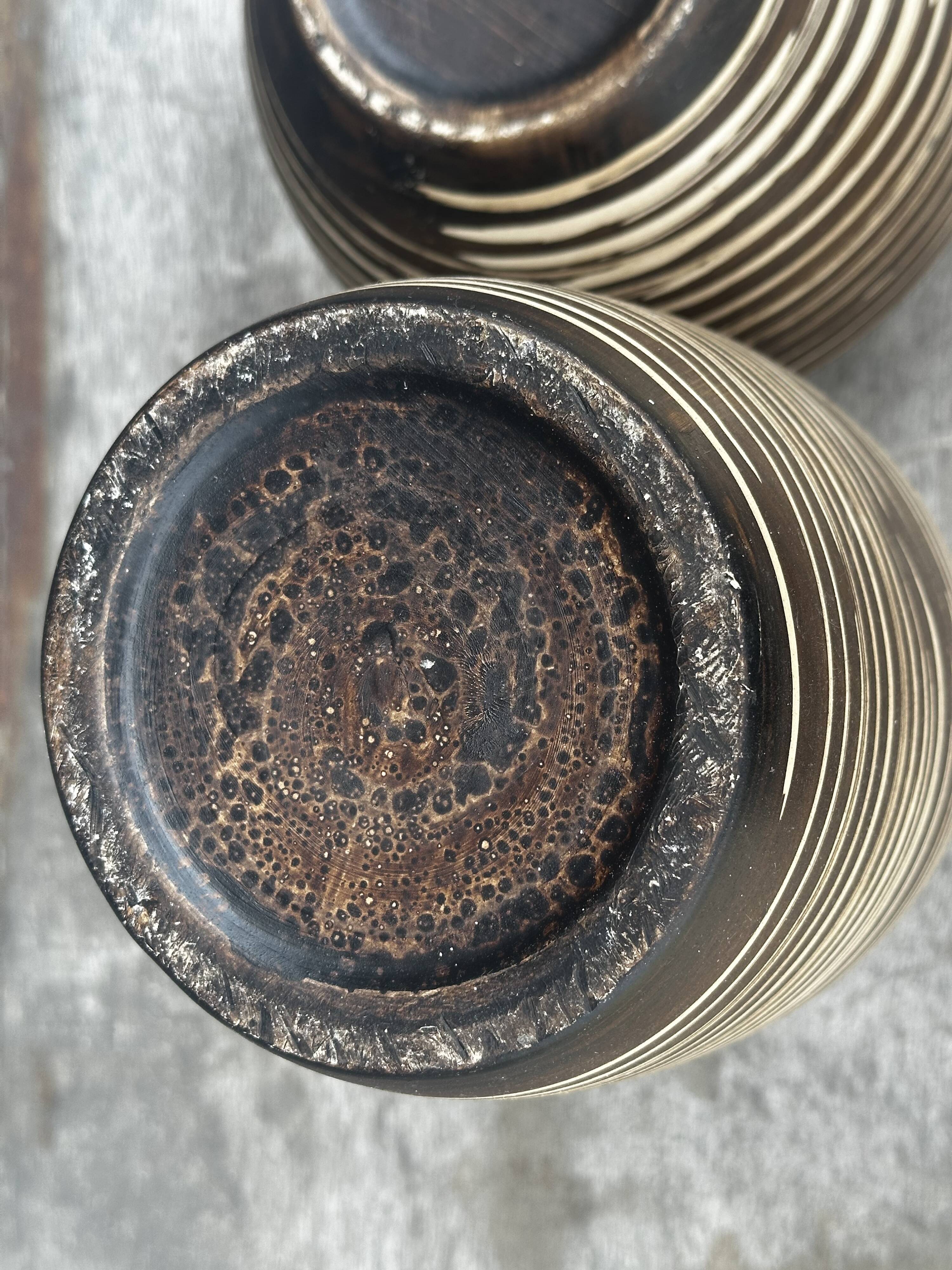 Two Vintage Ethnic Ceramic Vases in Cream and Brown Striped