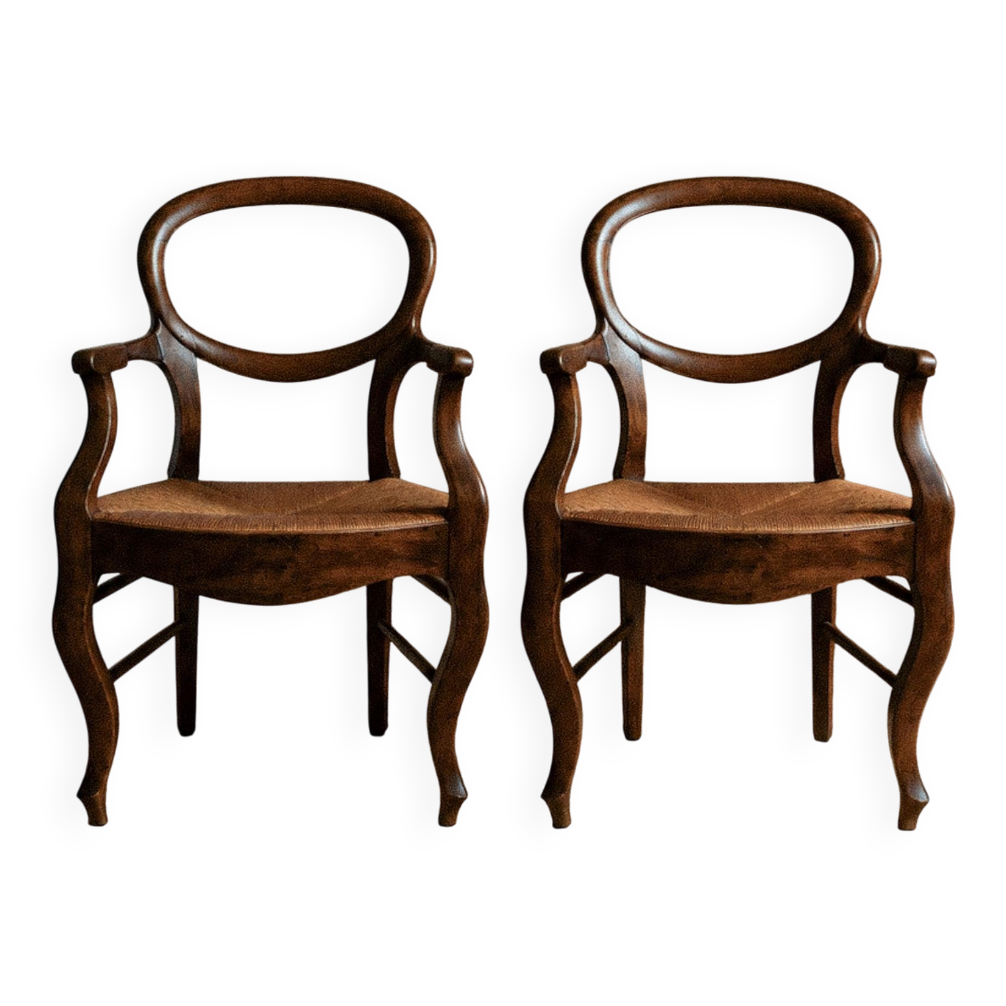 Vintage set of 2 Louis-Philippe armchairs from the 19th century, cherry wood chairs, hand-woven straw seats, antique Italian seat, elegant gift.