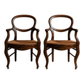 Ensemble vintage de 2 fauteuils du XIXe siècle Louis-Philippe, chaises en bois de cerisier, assises en paille tressée à la main, assise italienne ancienne, cadeau élégant