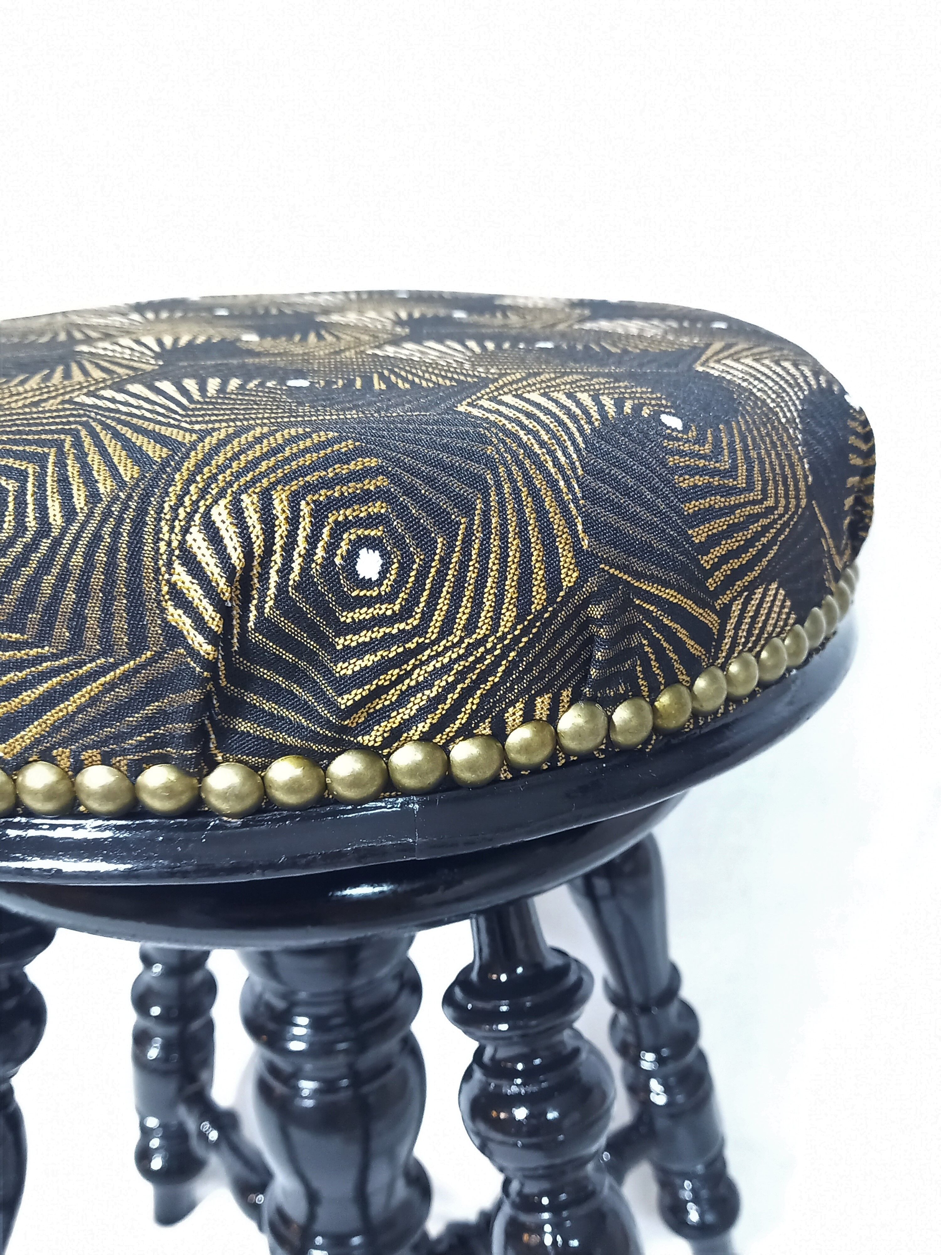 Old adjustable piano stool Napoleon III style with black & gold fabric