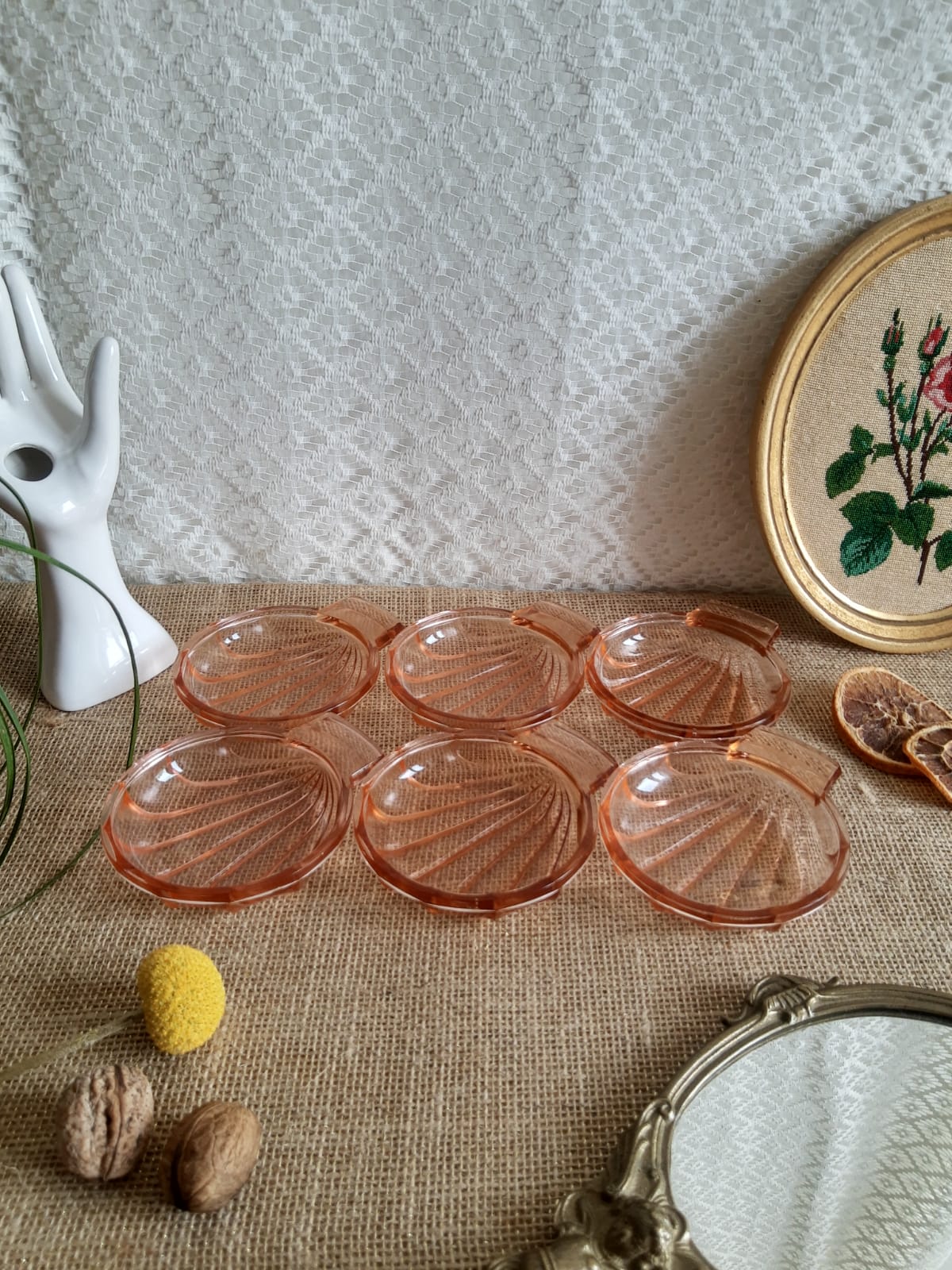 Set of 6 small scallops in vintage rosaline pink glass