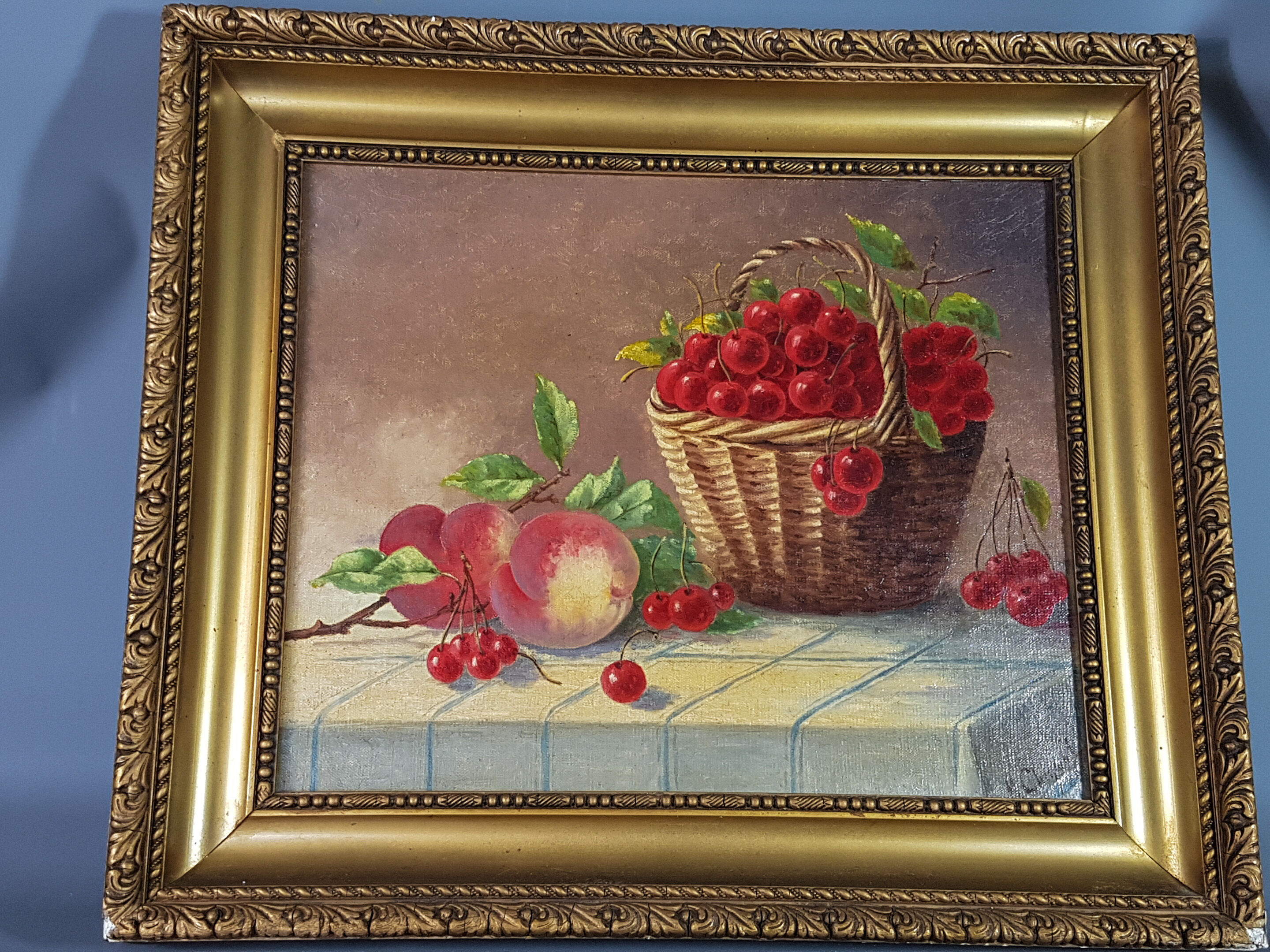 Ancient still life with cherries - peaches Oil on canvas 59x50 cm