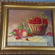 Nature morte aux cerises & pêches huile sur toile 59x50 cm
