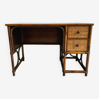 Bureau vintage en rotin bambou et bois