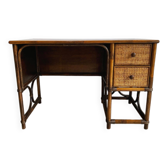 Bureau vintage en rotin bambou et bois