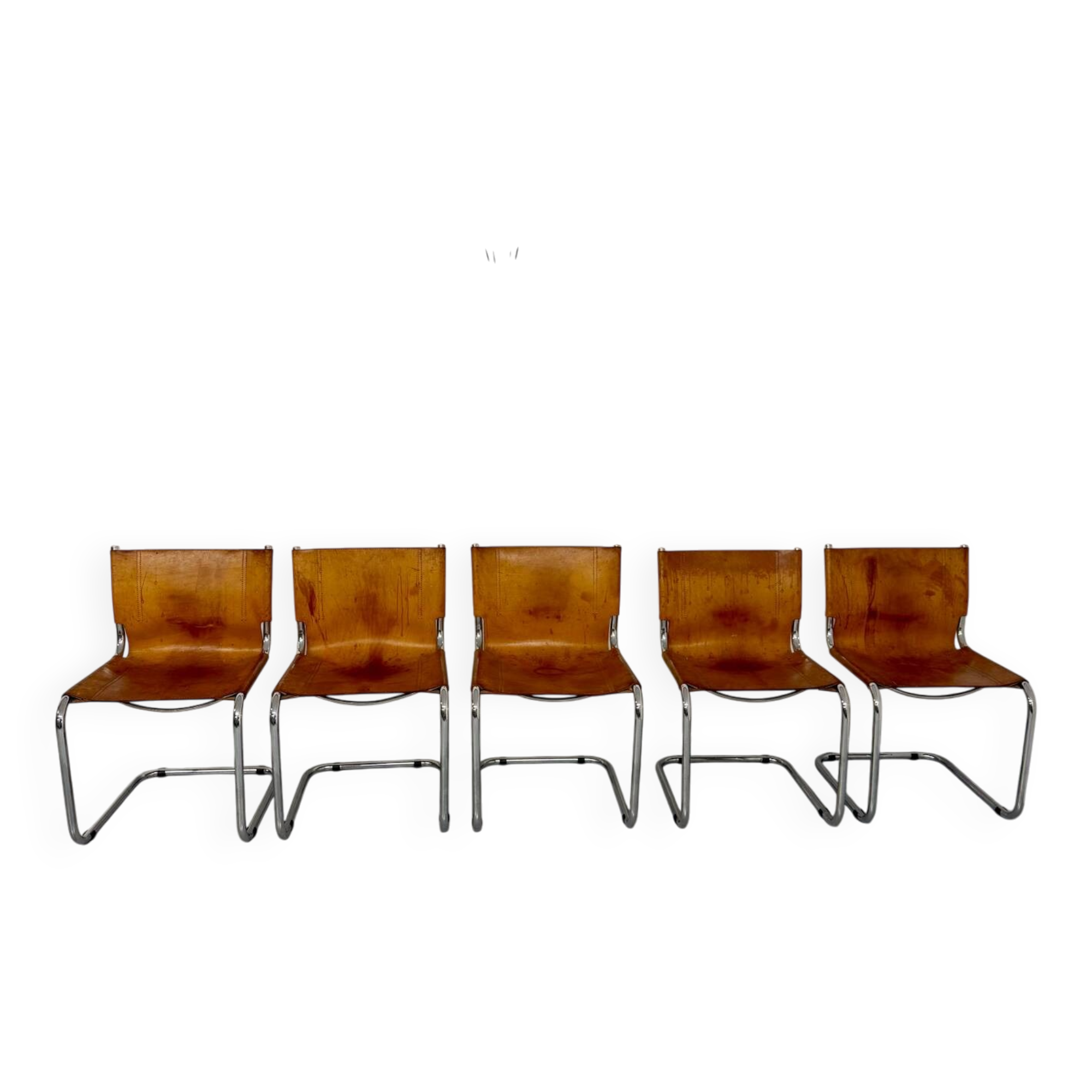 Lot of 5 tubular chairs Mart Stam edition Fasem vintage patinated leather