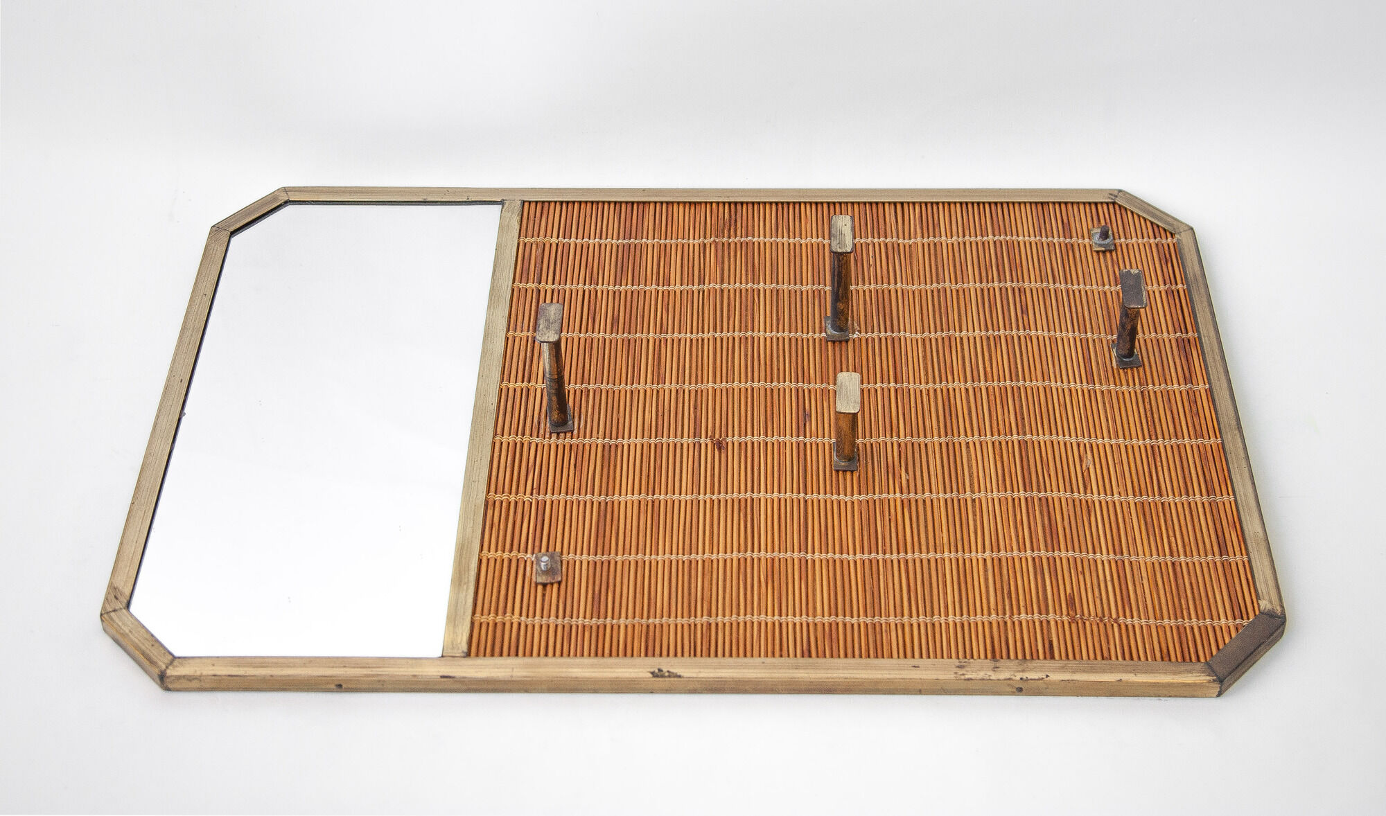 Vintage wicker coat rack with mirror and brass hooks