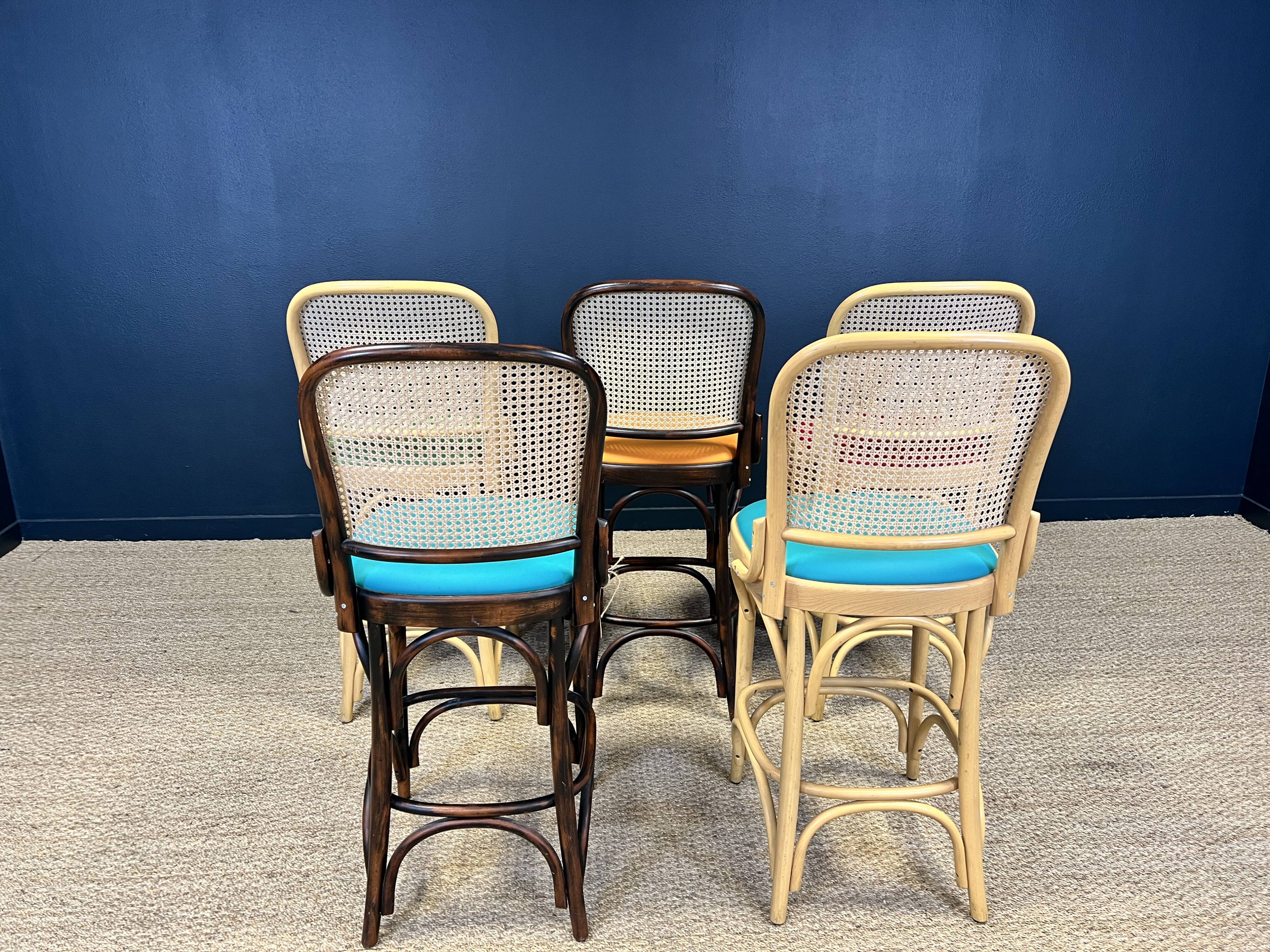 Set of 5 high chairs in light wood and dark wood with canework