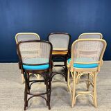 Lot de 5 chaises hautes bois clair et bois foncé avec cannage
