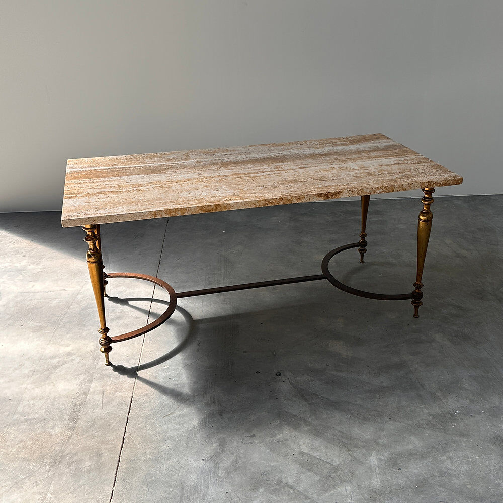 Elegant travertine coffee table with brass base, 1970s