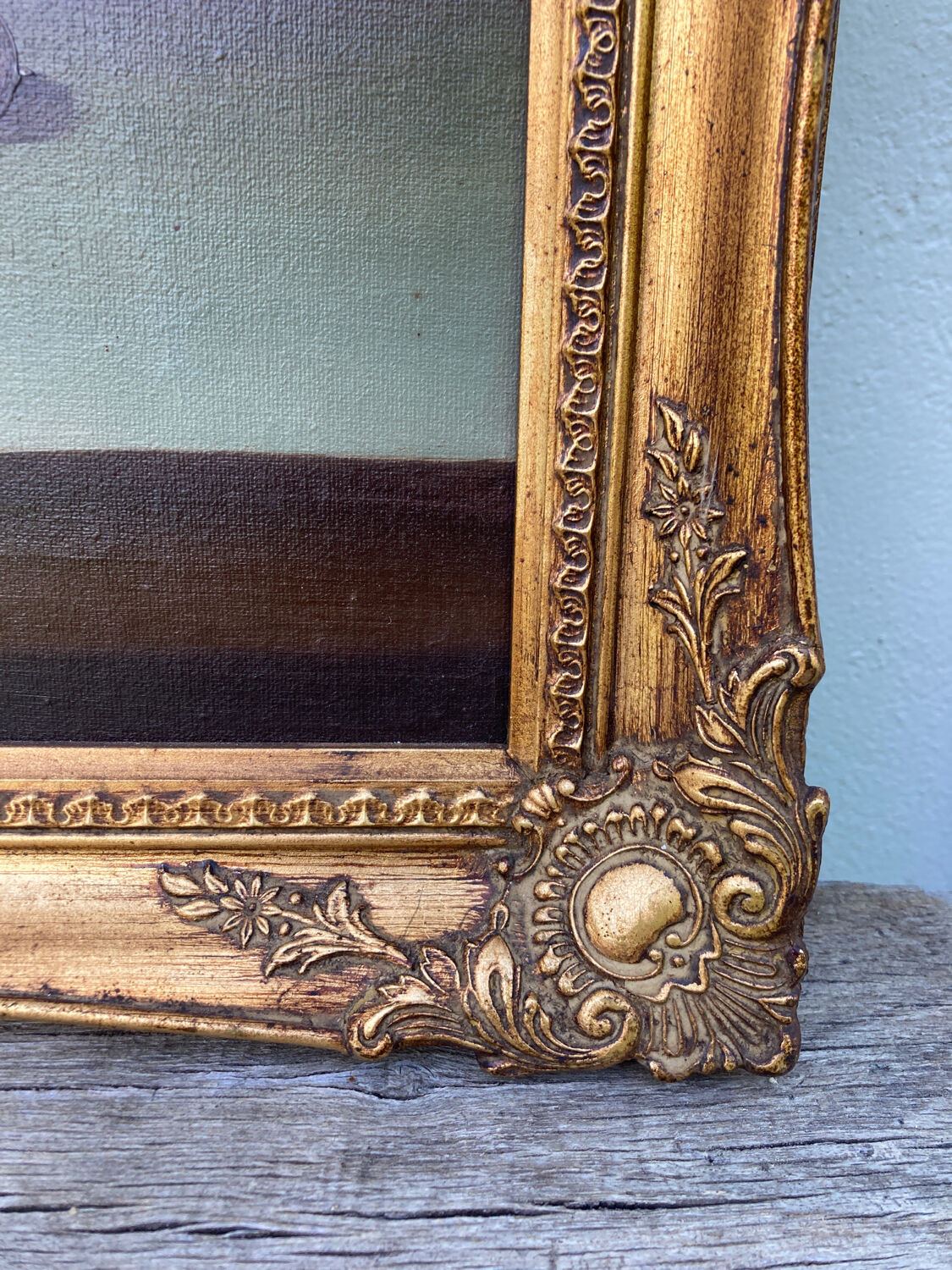 Painting on canvas still life old gilded wood frame / vintage fruit painting grape apple vase and jug