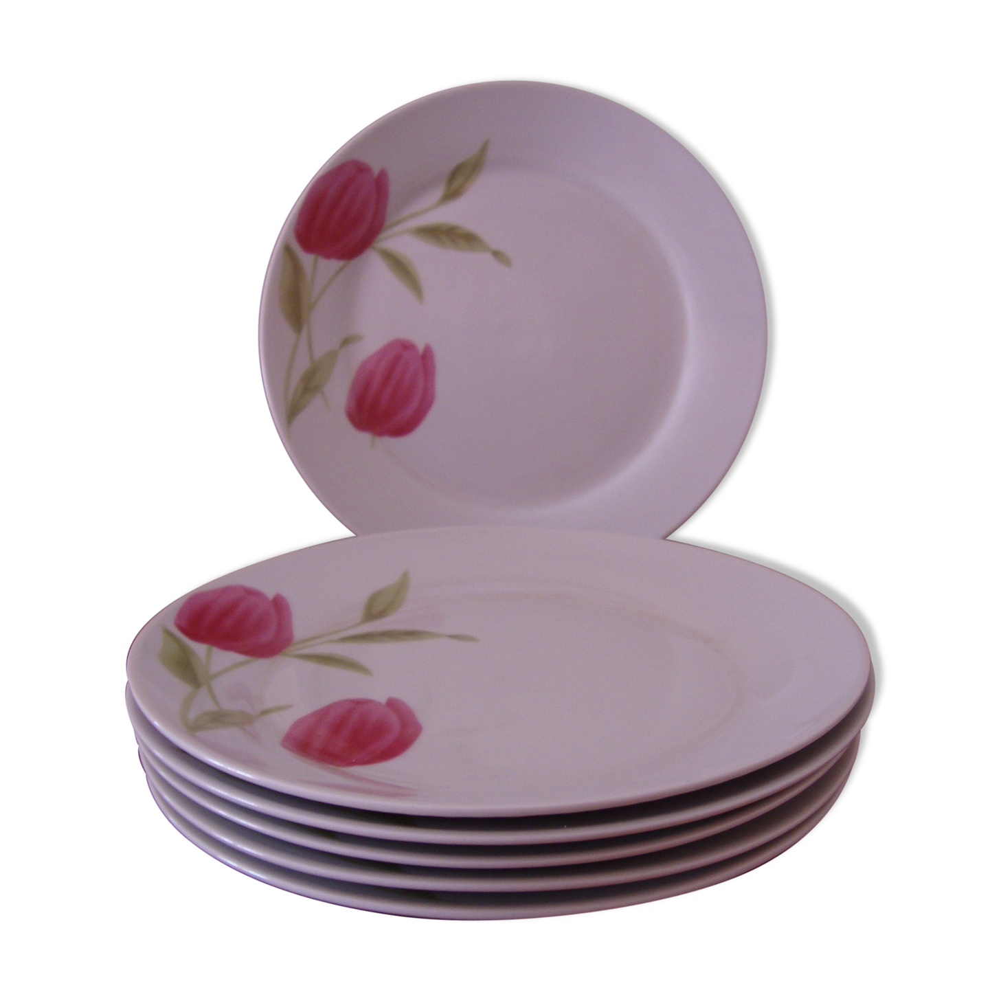 6 white porcelain dessert plates decorated with pink tulips