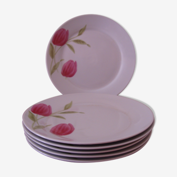 6 assiettes à dessert en porcelaine blanche décorées de tulipes rose