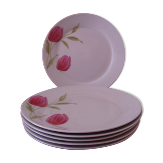 6 assiettes à dessert en porcelaine blanche décorées de tulipes rose