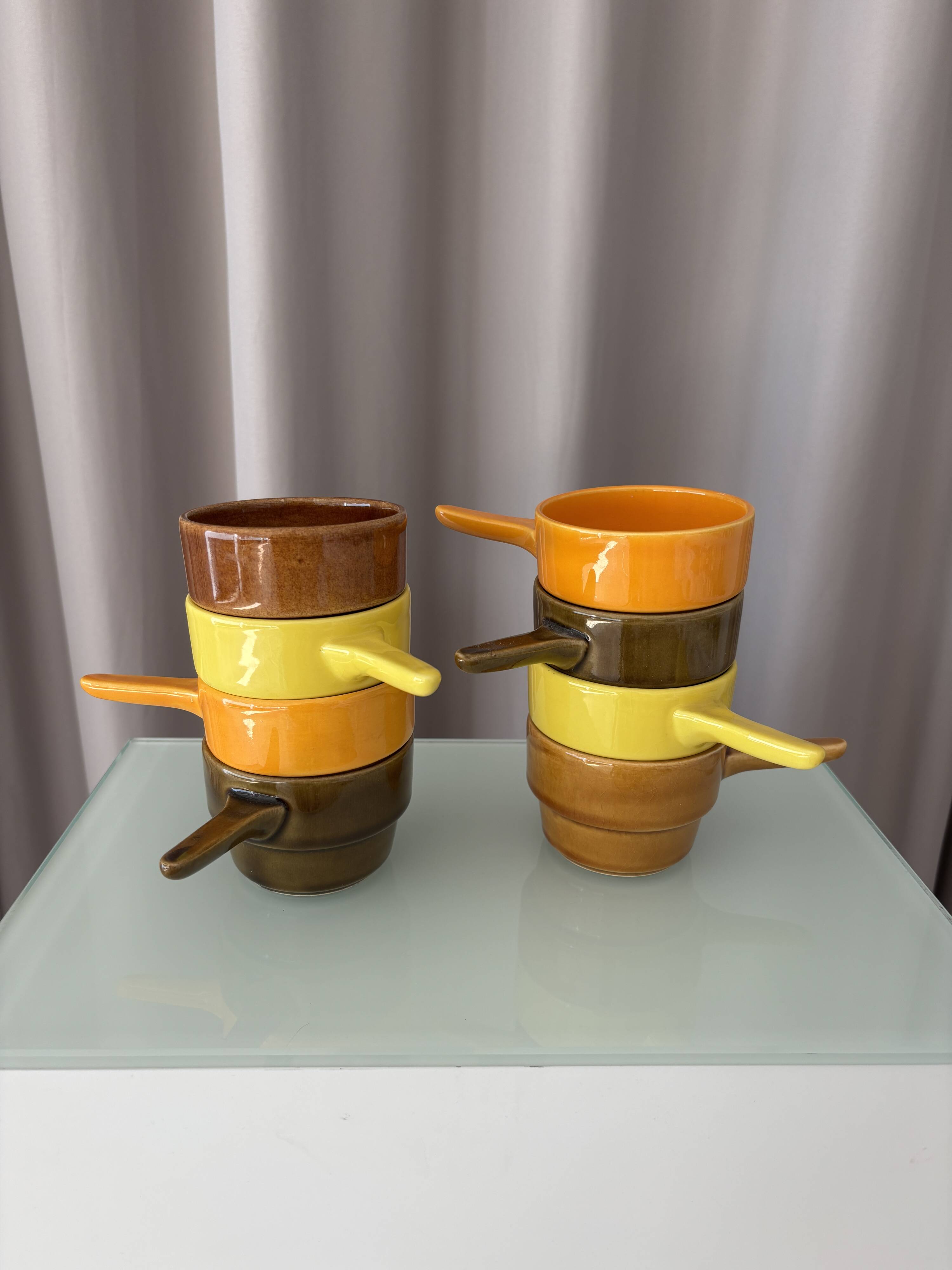 Set of 8 Vintage Stackable Ceramic Coffee Cups with Handles – 1970s
