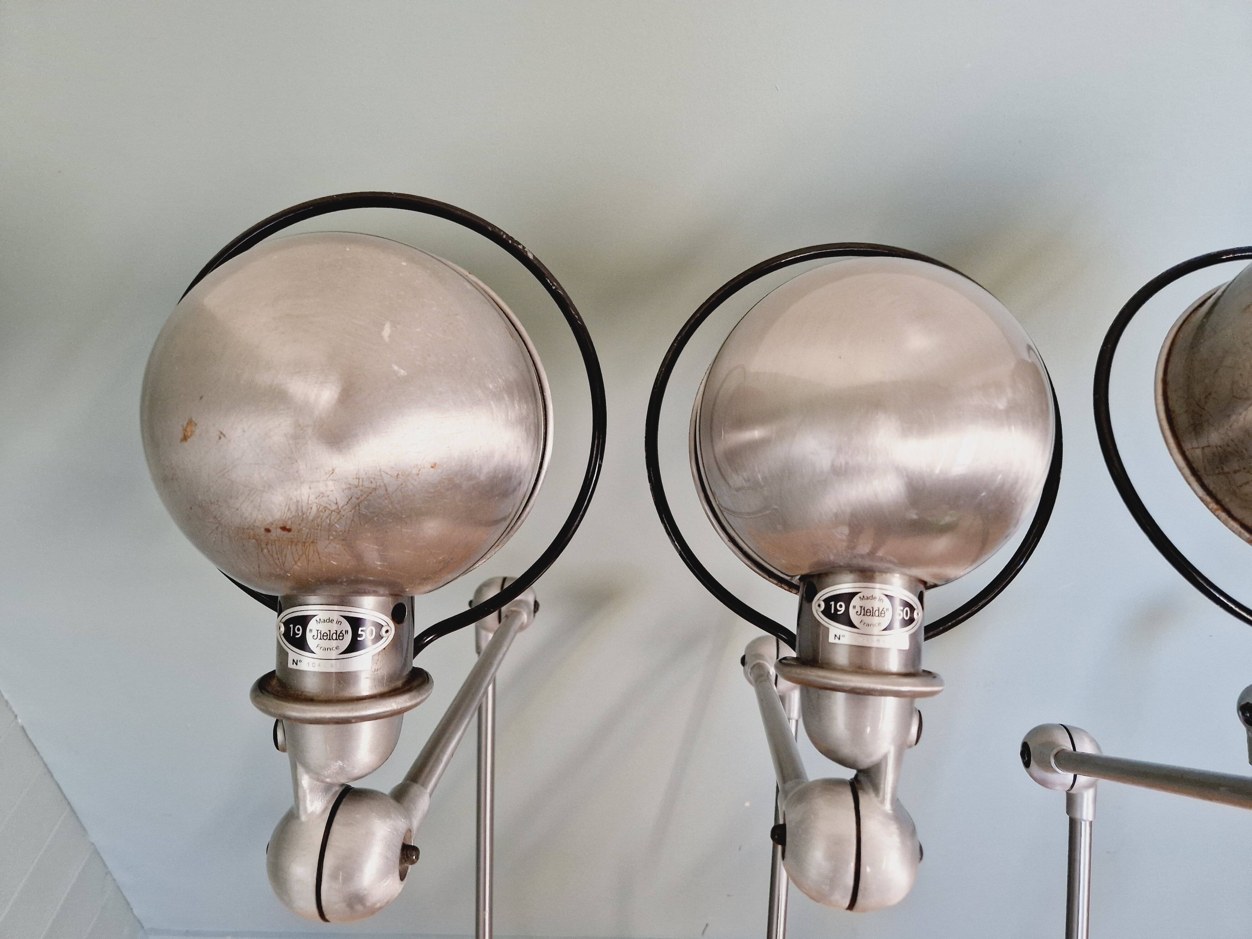 Set of 4 Jieldé industrial lamps in brushed steel, 3 arms