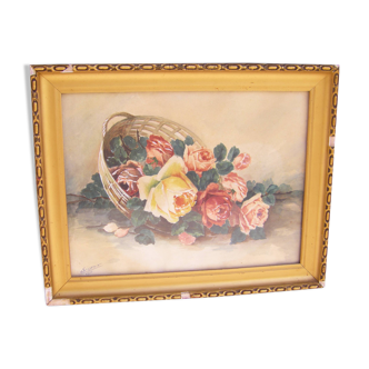 Aquarelle ancienne "panier de roses"