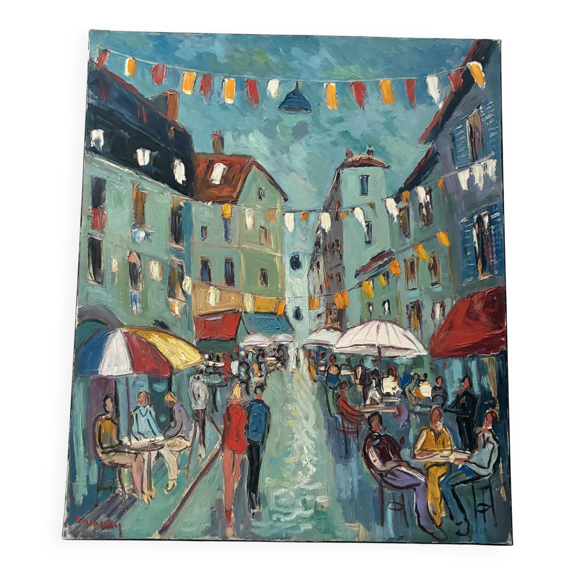 Grande Huile sur toile Alain Duperay Terrasses de café 14 juillet
