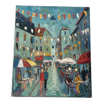 Large Oil on Canvas Alain Duperay Café Terraces 14 July