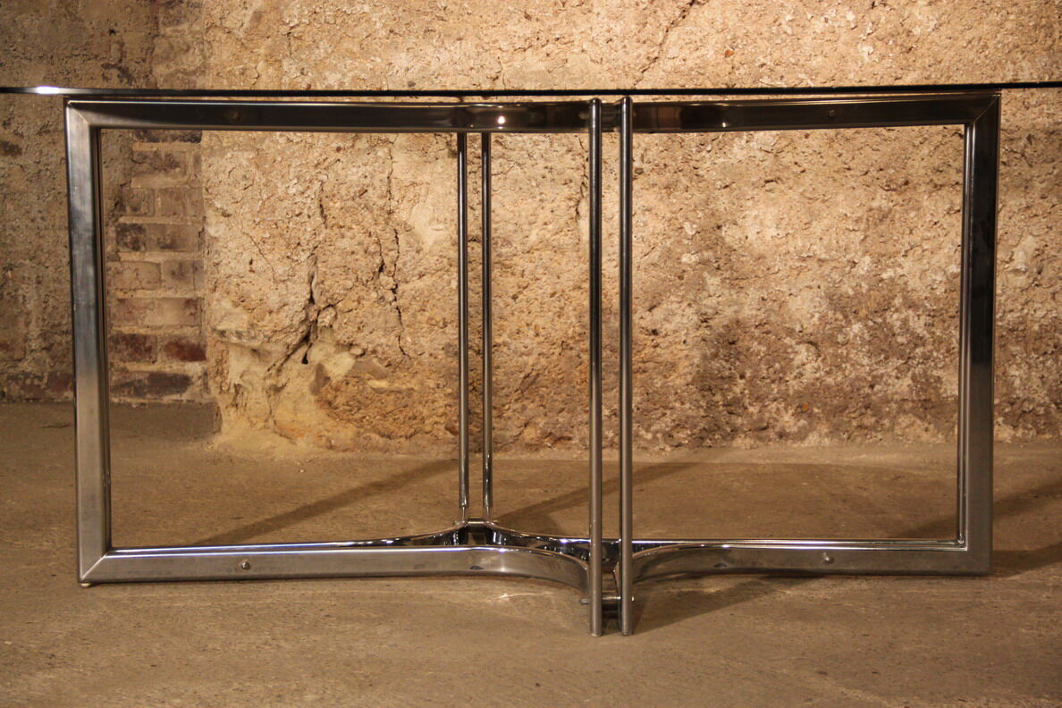 Dining table glass smoke base chromed metal 1970
