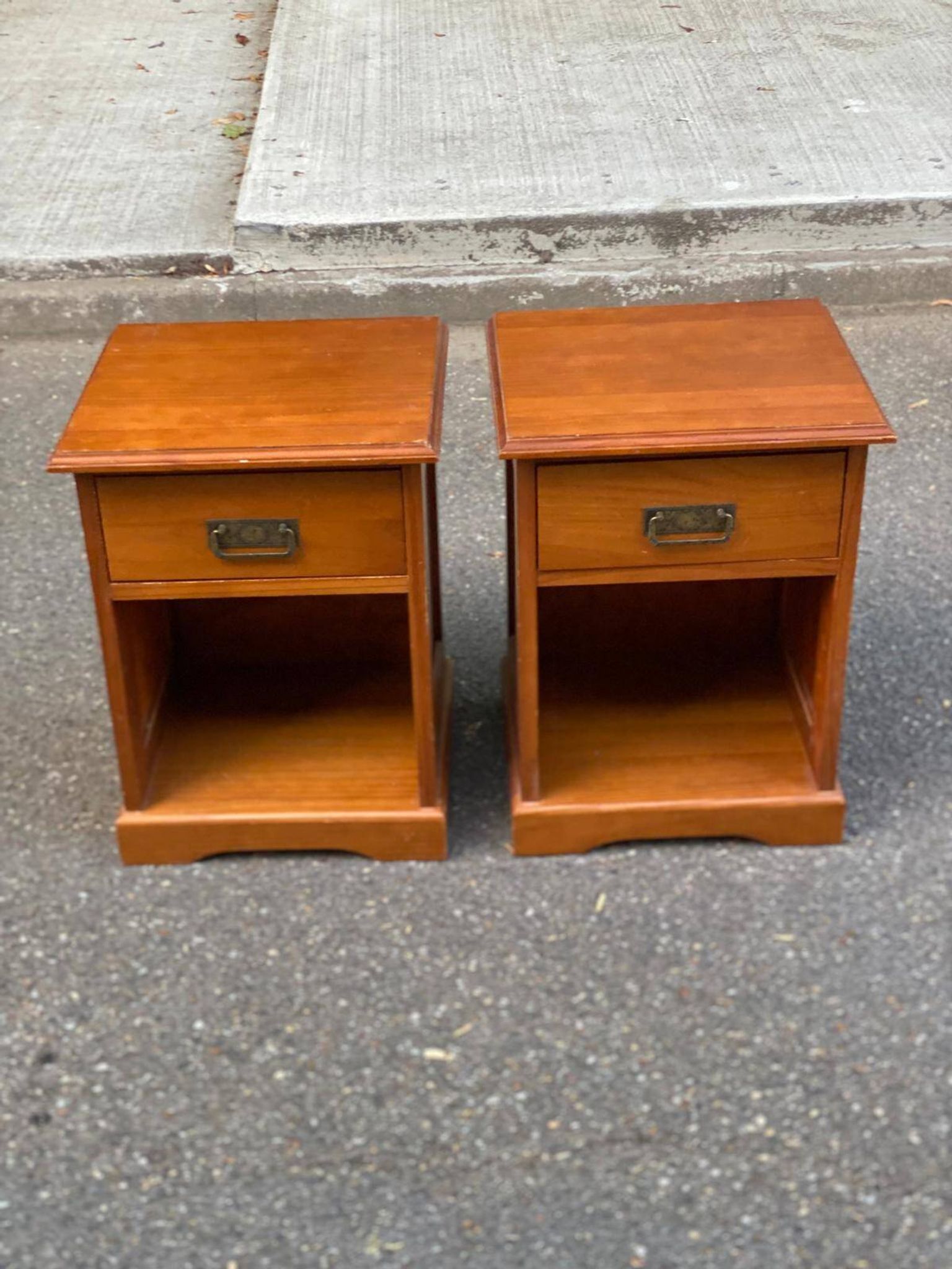 2 marine bedside tables in solid wood stained honey 1990
