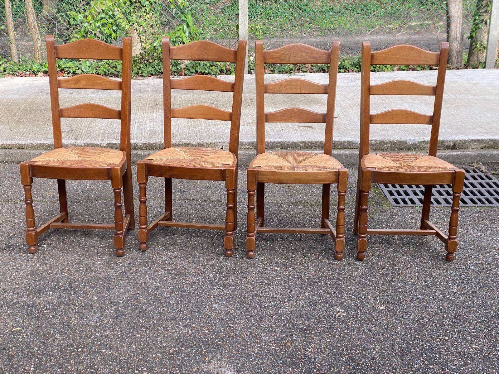 4 solid wood dining chairs with straw seats, 102cm