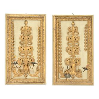 Pair of woodwork elements forming wall lamps