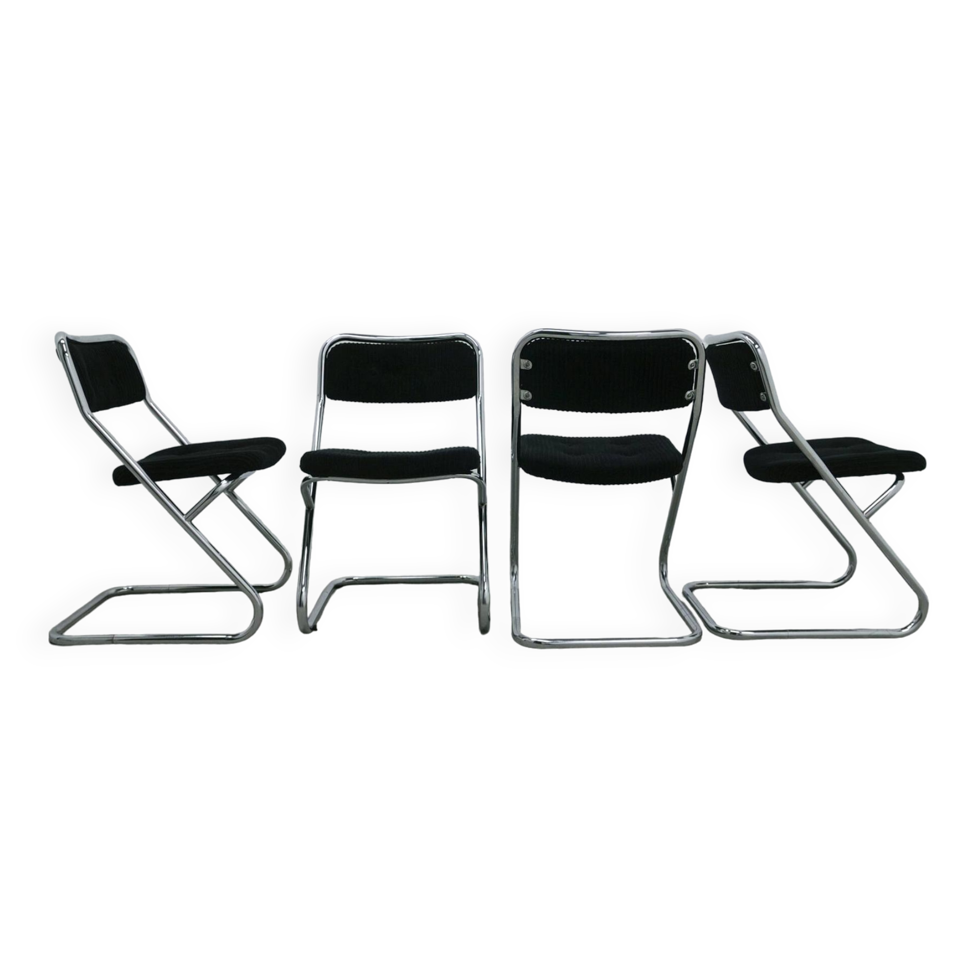 vintage set of x4 chrome tubular chairs black rib
