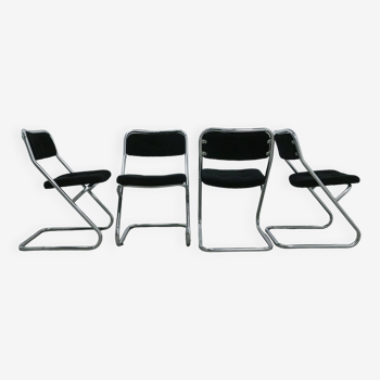 vintage set of x4 chrome tubular chairs black rib