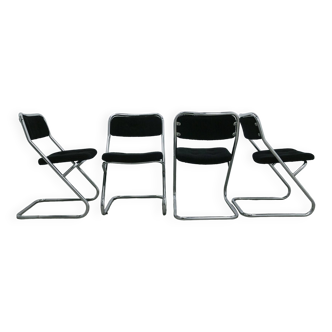 Ensemble vintage de x4 chaises tubulaires chromées côtes noires