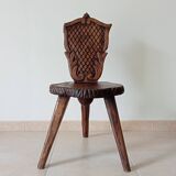 Brutalist tripod chair in carved wood 19th century
