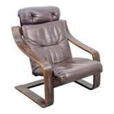 Fauteuil vintage en cuir marron et bois cintré attribué à Coja, années 1970