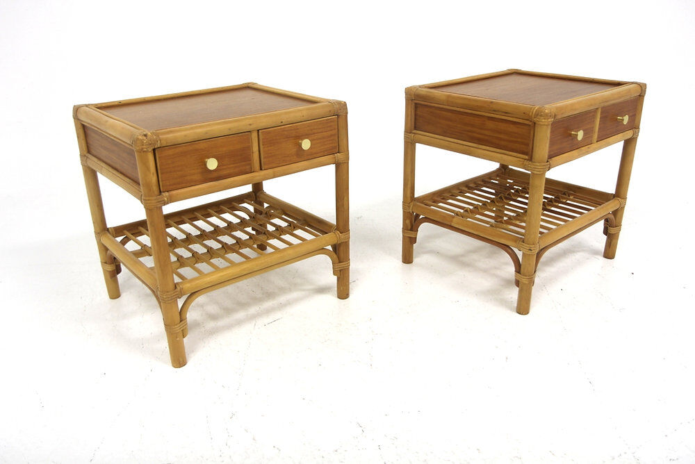 Set of 2 rattan bedside tables, Kenneth Bergenblad, Dux, Sweden, 1960.