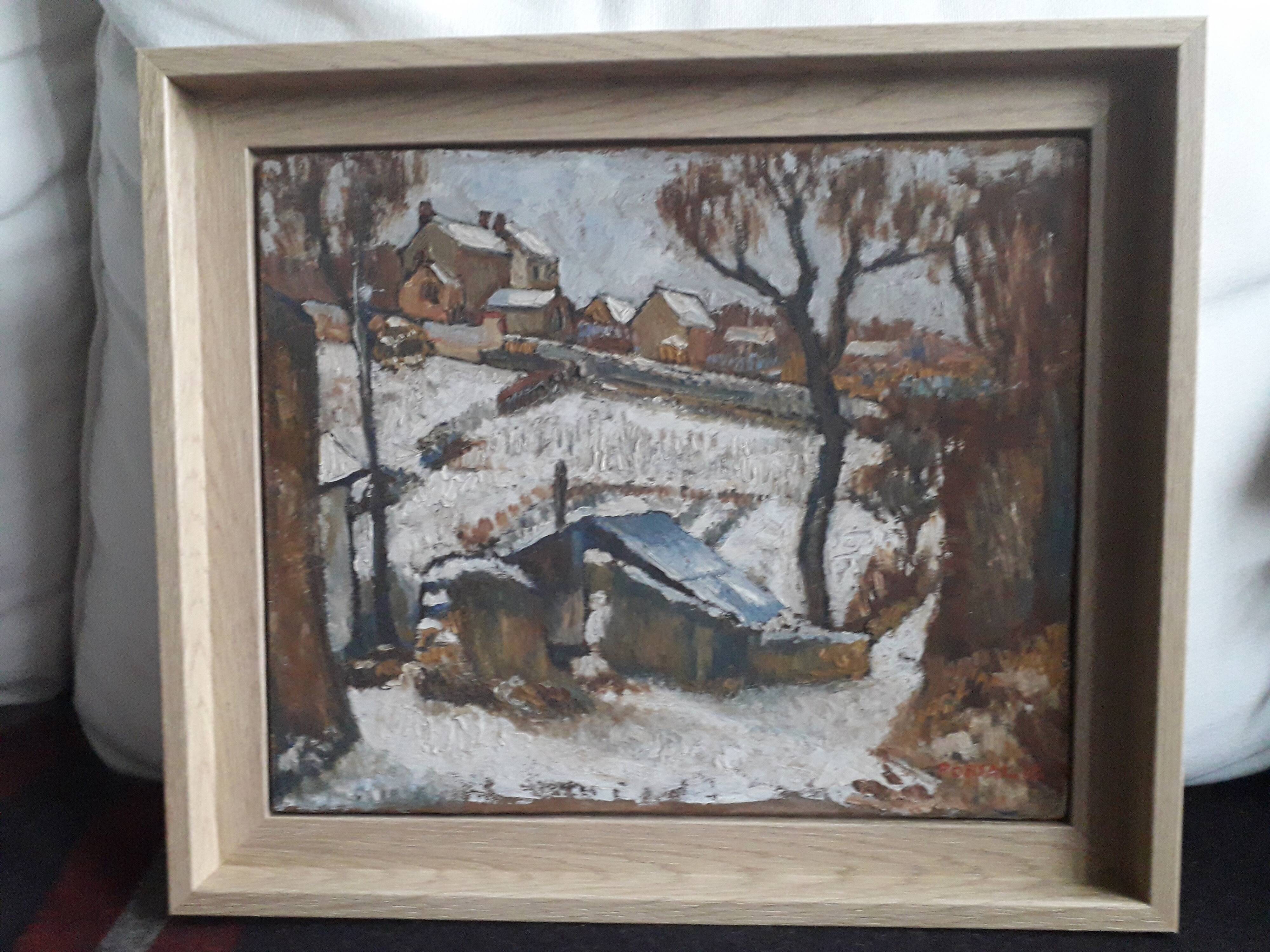 Old oil painting representing a winter landscape