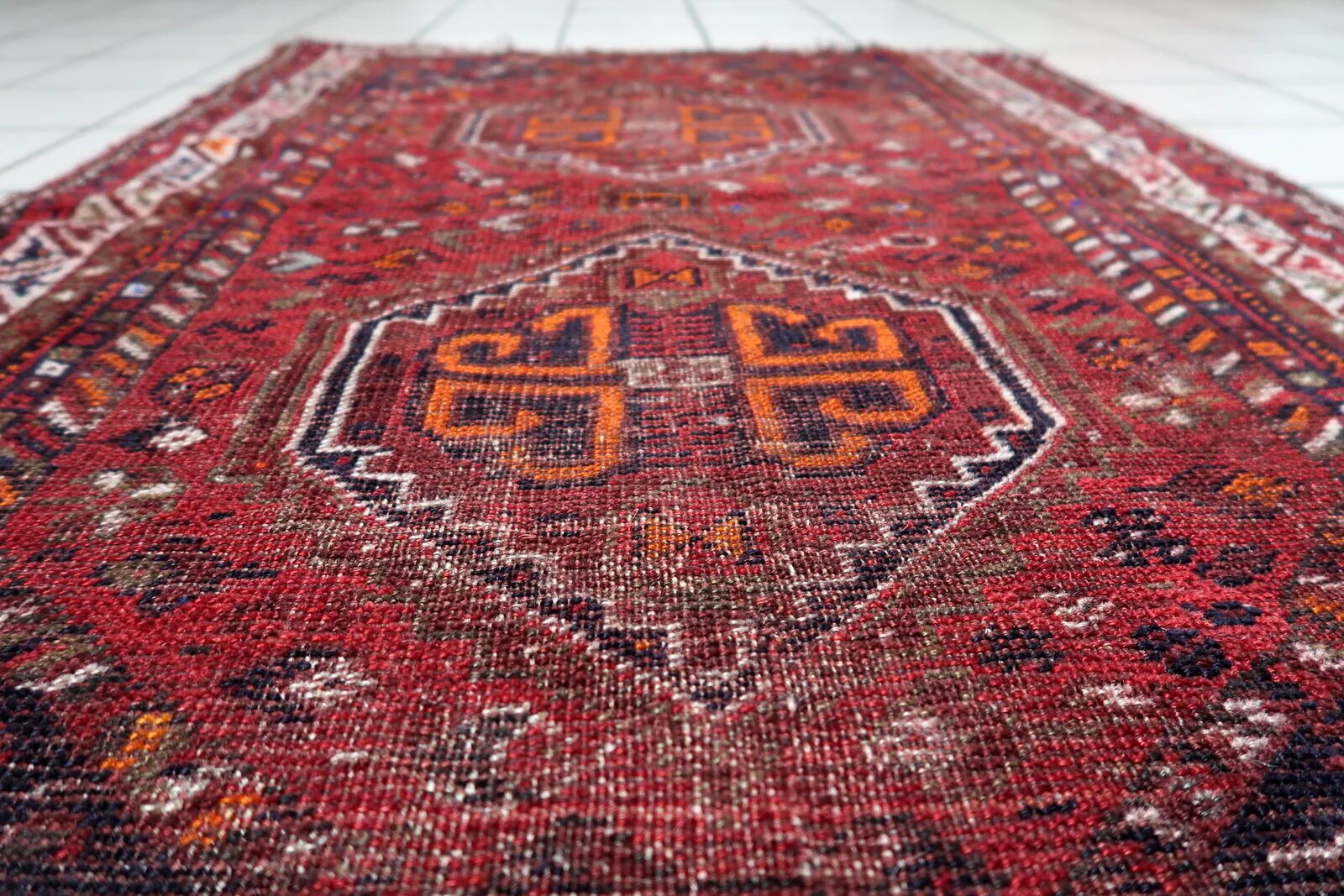 Antique Persian Shiraz handmade distressed rug 93 x 126 cm 1900s