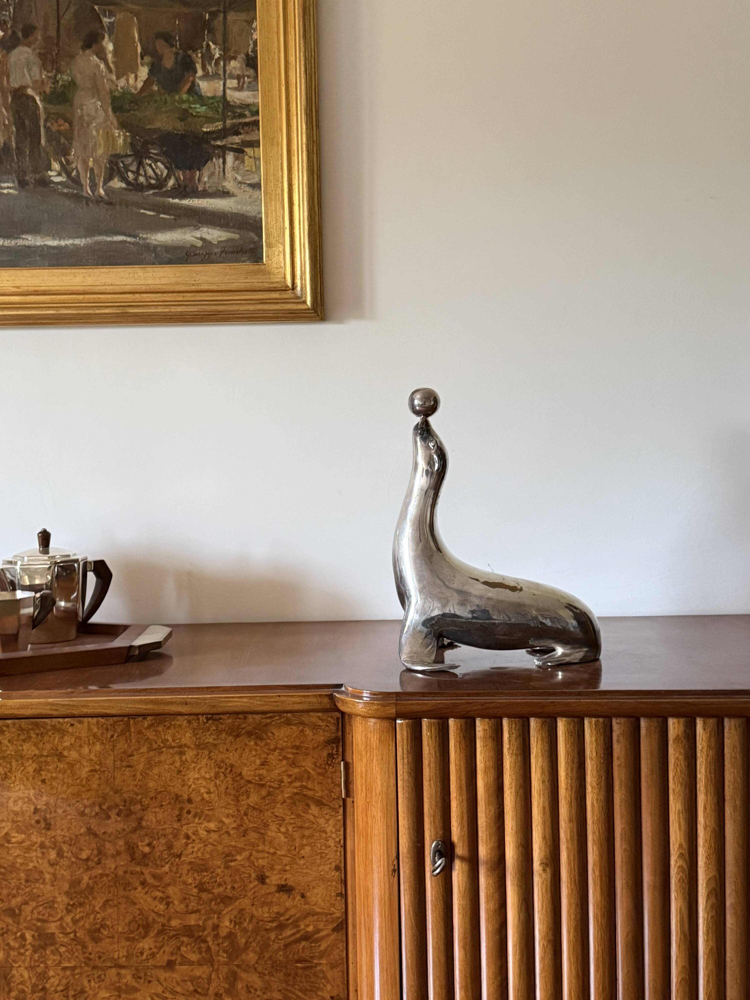 Art deco silverplated brass Seal sculpture, France 1940s