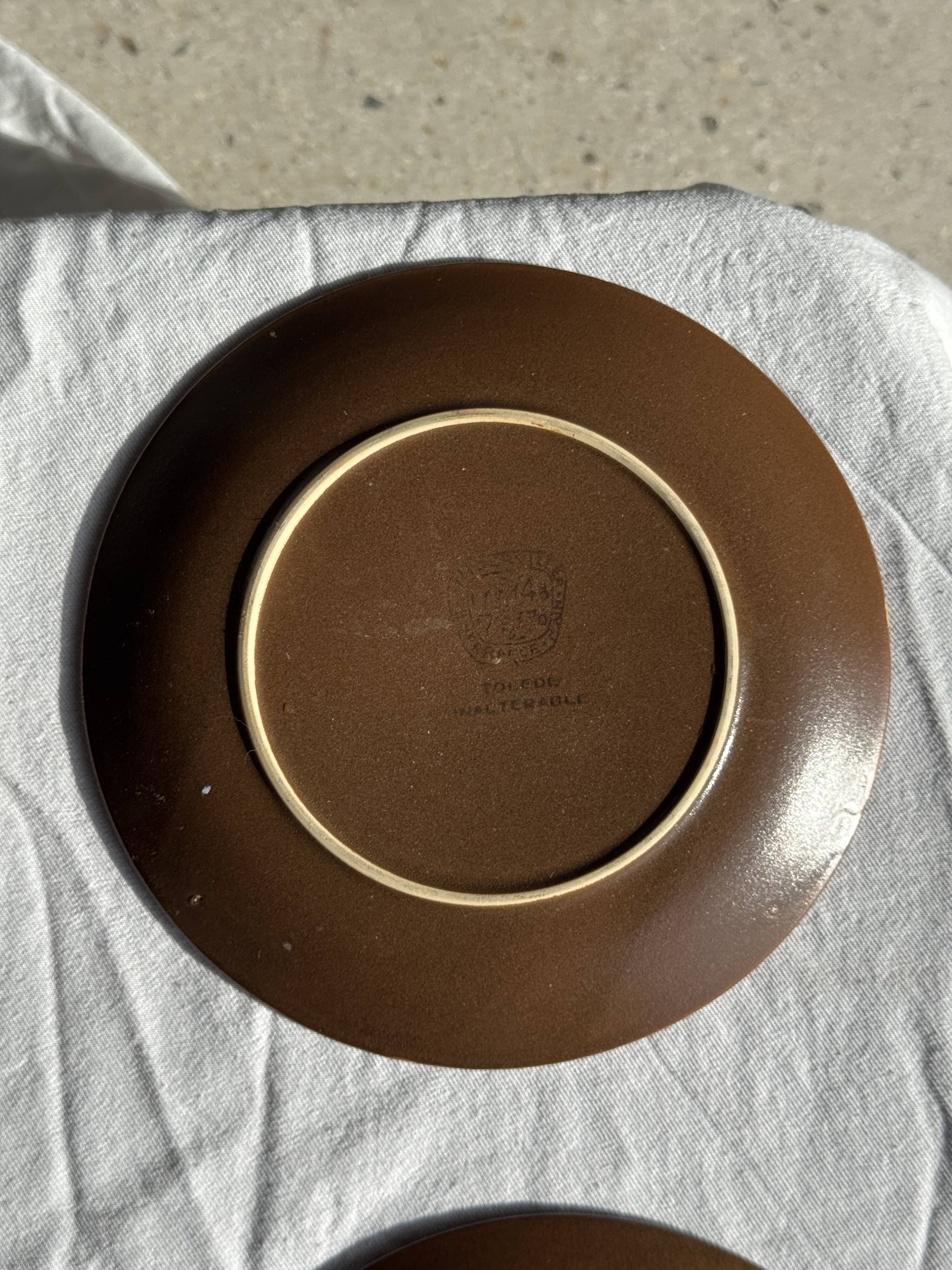 Set of 6 vintage brown stoneware dessert plates D21